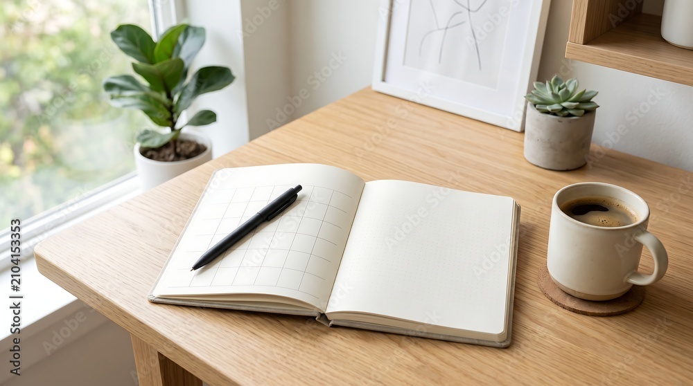Fototapeta premium Bright workspace with open notebook coffee and plants by a window