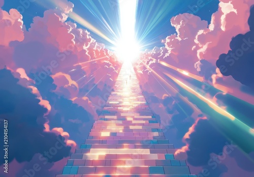Celestial Pathway to the Sky A Glowing Path Through Pastel Clouds
