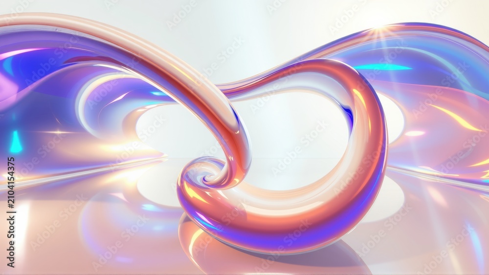Naklejka premium Abstract fluid shapes, iridescent colors, smooth curves. Light reflects off glossy surfaces creating dynamic visual effect.