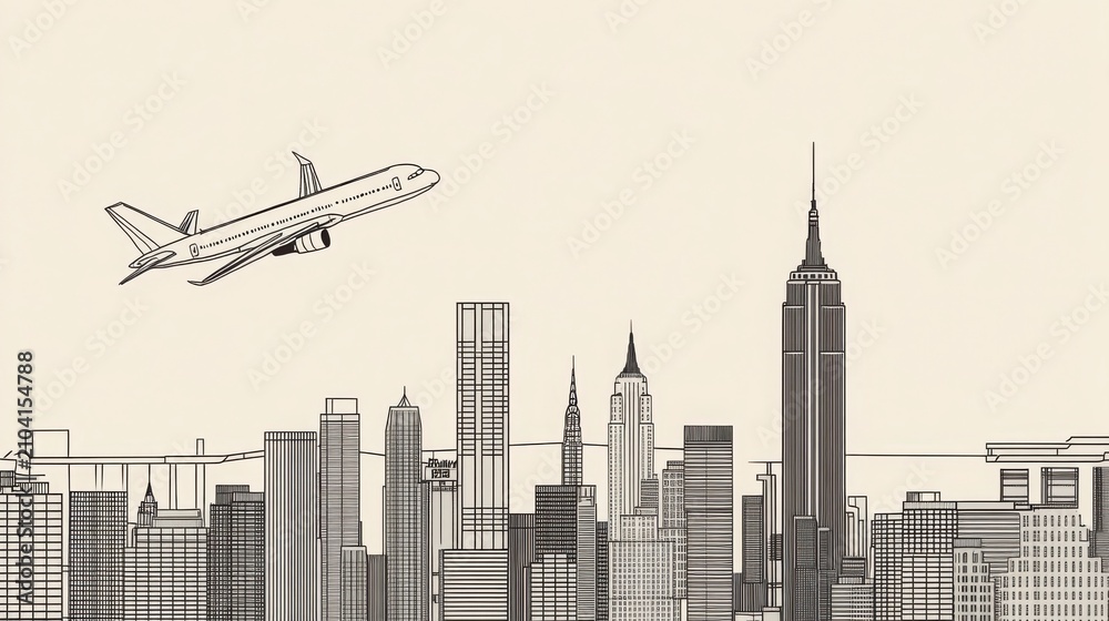 Fototapeta premium Cityscape Drawing With Airplane
