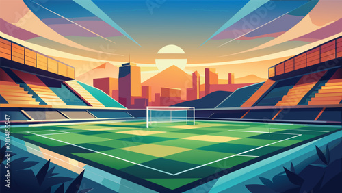 Obraz na płótnie Soccer stadium field with goals at sunset football bleachers stadiums competitio