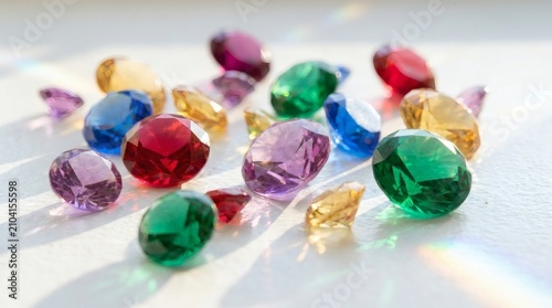 Vibrant faceted gemstones in various colors with rainbow light refractions on a white surface, showcasing a sparkling array of precious jewels.