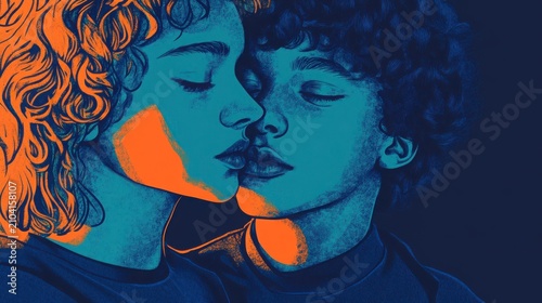 Close Up Portrait Of A Romantic Couple Embracing In A Dark Blue And Orange Digital Art Style