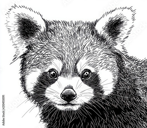 Close Up Red Panda Stippled Portrait In Black And White