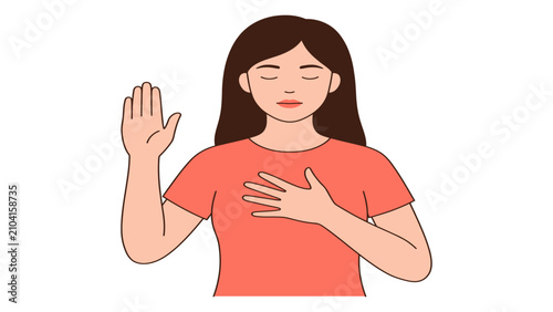 Fotografie Woman makes a solemn oath with her hand over her heart to demonstrate honesty and integrity