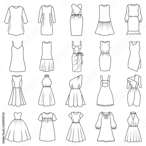 Collection of women's clothing technical sketches showing various styles black and white line art illustration for fashion design. Elegant woman, fashion illustration, line art, puffy sleeve dress, 