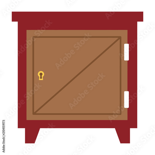 Brown wooden safe with lock on front panel, red frame and legs on white background
