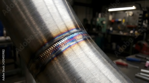 Precision TIG welding on stainless steel pipe. Skilled welder fusing metal with inert gas arc technique.