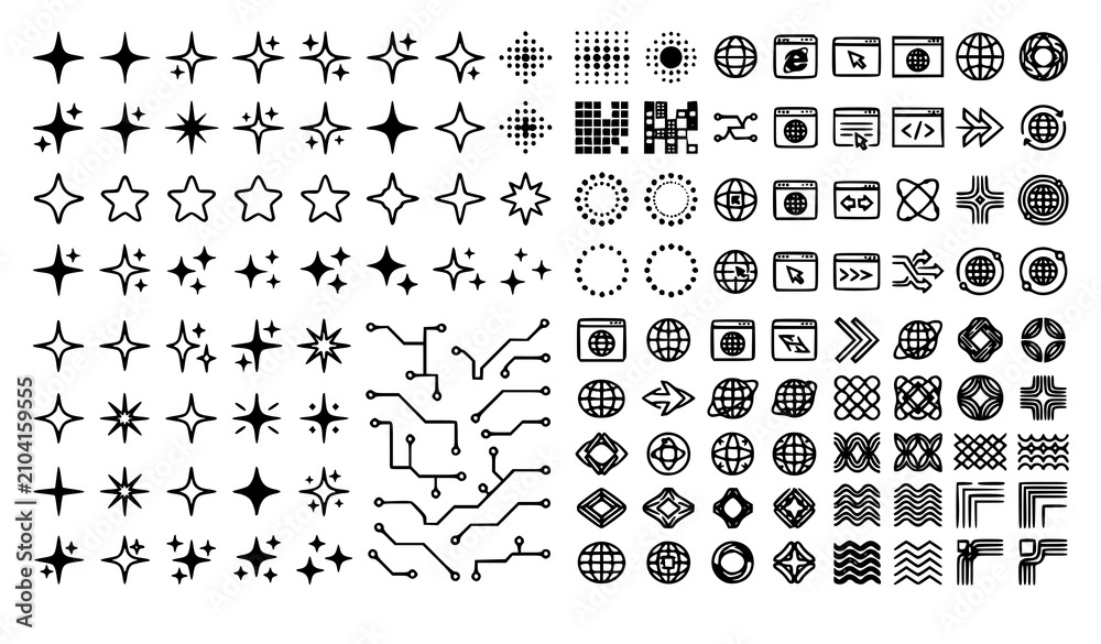 Fototapeta premium Retro Y2K Futuristic Vector Elements Stars Symbols and Abstract Shapes Set