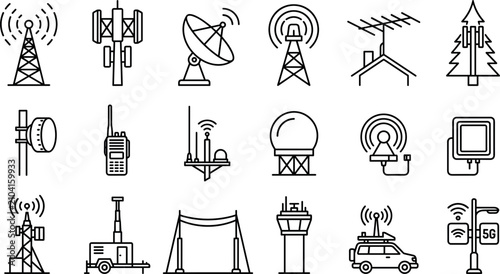 Bild auf Leinwand Telecommunication Tower and Wireless Network Line Icon Set with Satellite Dish A
