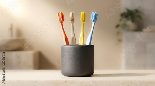 Four Colorful Eco Friendly Toothbrushes in Dark Ceramic Holder on Bathroom Countertop