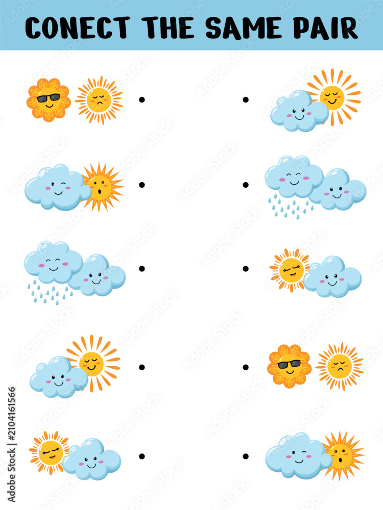 Fototapeta premium Printable weather matching worksheet featuring cute suns, clouds, rainy clouds and sunny skies to develop visual discrimination, observation, concentration and logical thinking skills