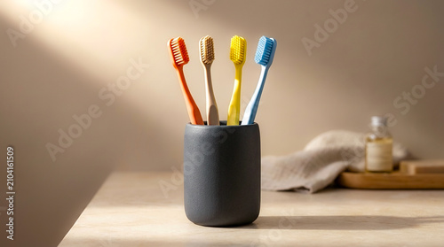 Four Colorful Eco Friendly Toothbrushes in Dark Ceramic Holder on Bathroom Countertop