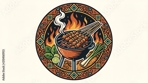 Satay skewers grilling on a flame barbecue with cultural design