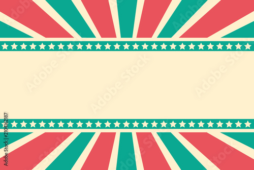 Colorful vintage banner with red and turquoise stripes and a frame and space for text. 