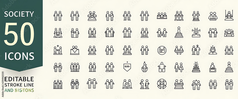Obraz premium Editable line icons representing society people relationships friendship teamwork community and diverse human interactions.