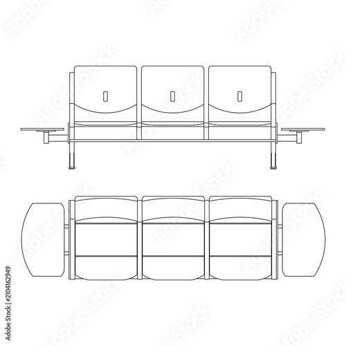 Bench seating with three seats and side tables seen from front and top views in black and white line drawing.