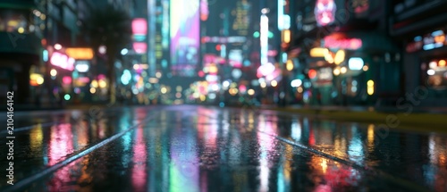 Futuristic Rainy Neon City Street at Night