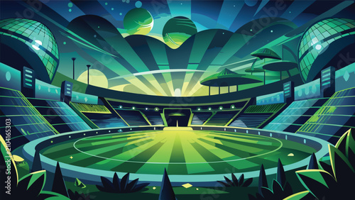 Konstfotografi Grand futurist stadium arena under night sky with bright radial lighting illumin