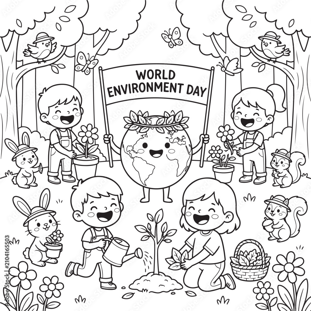 Fototapeta premium Adorable children and animals celebrating world environment day planting trees and flowers in a cheerful forest scene