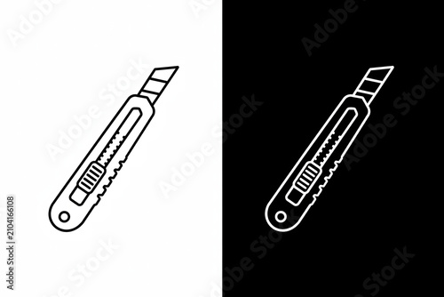 Utility knife box cutter line art illustration on white and black backgrounds for tool and craft design