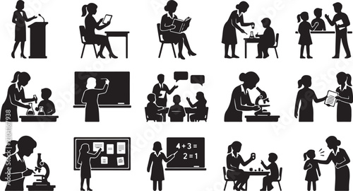 Collection of black silhouette depicting various classroom teaching scenarios, student learning activities, and teacher interactions in school