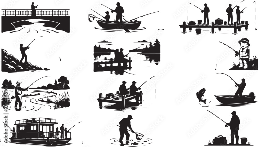 Obraz premium Fishing activity silhouettes collection featuring anglers on boats, docks, and bridges, with fishing rods and nets on white background