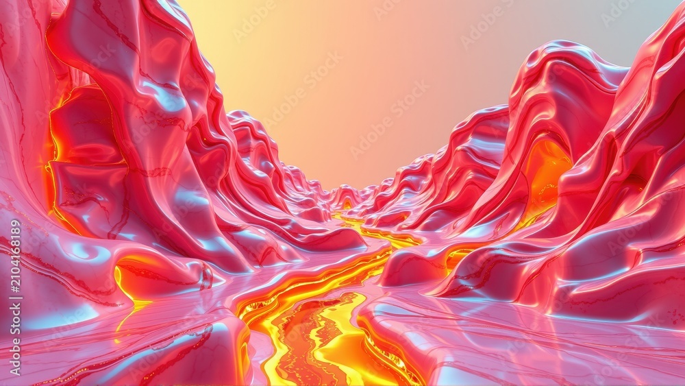 Fototapeta premium Abstract landscape. Flowing forms suggest canyons, lava, or liquid metal. Warm colors dominate, creating surreal scene.