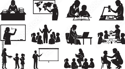 Diverse collection of black silhouette featuring teachers and students in school, displaying various learning and teaching methodologies