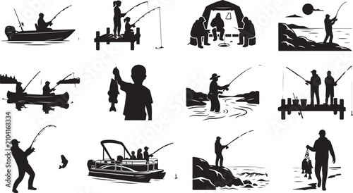 Cuadro en lienzo Set of black silhouette showing people fishing in various scenarios including bo