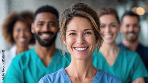 Diverse group of smiling healthcare professionals in scrubs, ready to provide care