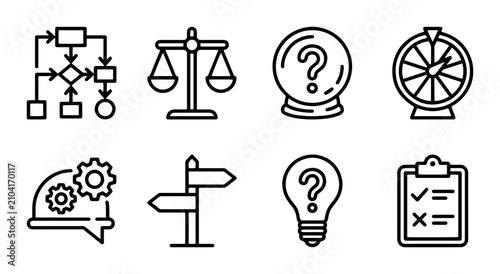 Foto Business Process Icons: Flowchart, Scales, Crystal Ball, Wheel of Fortune, Hard