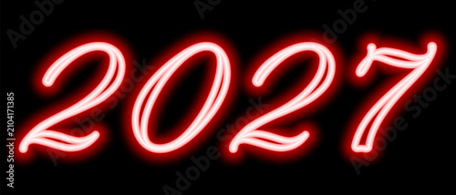 2027. Neon. Red shining cursive double-line number. New Year. Color vector illustration. Isolated on black background. Idea for web design, banner.