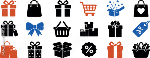 Foto Shopping and gift giving icons set black and orange color scheme