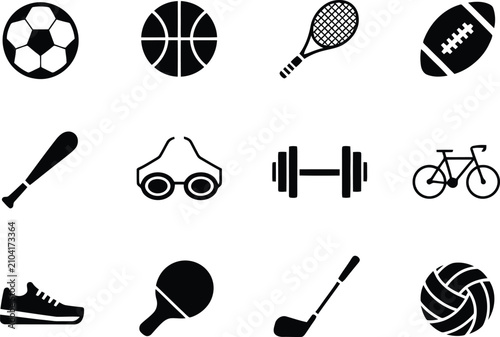 Sports Icons Set Featuring Ball, Bat, and Fitness Equipment