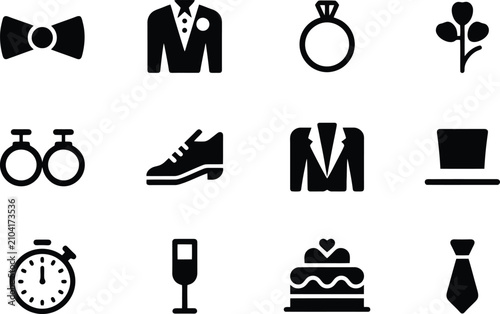 Wedding Icons Set Featuring Tuxedo, Ring, Bow Tie and Cake