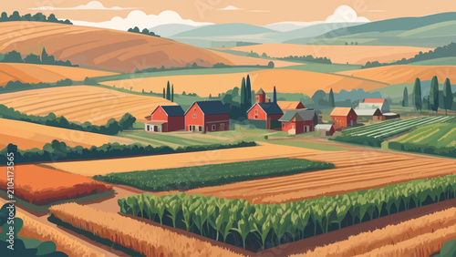 фотографія A vibrant illustration of a sprawling rural farm with red barns, diverse crops, and rolling hills under a warm, hazy sky