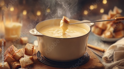 A warm and inviting scene of cheese fondue with bread cubes