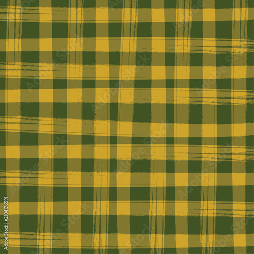 Seamless pattern hand drawn brush stroke plaid tartan mustard yellow dark green background abstract checkered texture grunge rough painted lines textile wallpaper fabric wrapping paper vector design