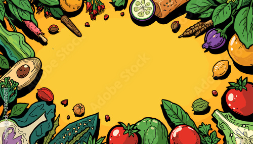 Obraz na plátně A vibrant, colorful illustration of a variety of fresh, healthy vegetables and fruits arranged in a circular border on a bright yellow background, creating a frame for text or design elements