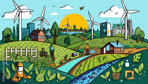 Fotografie Vibrant illustration of a sustainable community with wind turbines, farming, green energy, and people working in a harmonious natural and urban landscape