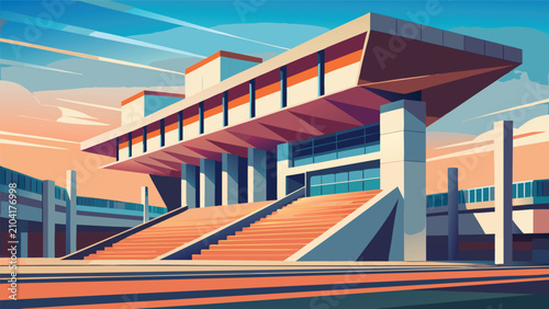 Modern architectural building with long stairs and large overhanging roof architecture building structure exterior construction concrete minimalist contemporary geometric entryway abstract