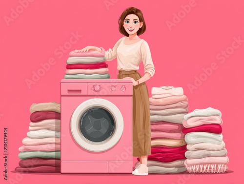 Woman standing by a pink washing machine with neatly folded laundry  