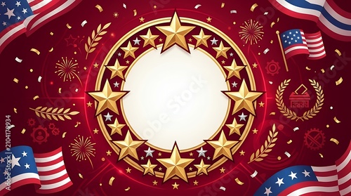 Electoral theme presentation layout with circular star-adorned frame over crimson backdrop suitable for campaign bulletins polling day advertising nationalistic social content festive celebration