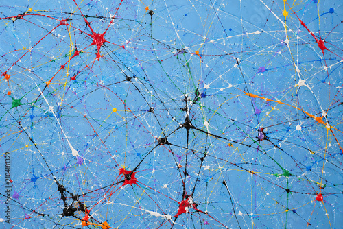 abstract colorful paint splatter network on blue textured background, colorful