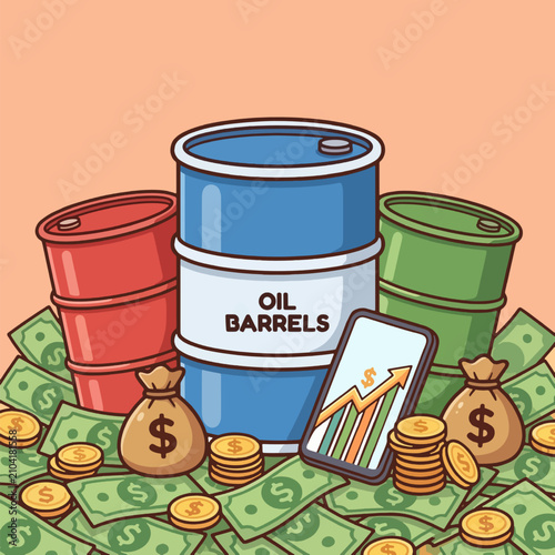Vector illustration of rising world oil prices. Features colorful crude oil barrels surrounded by cash money, dollar coins, money bags, and a smartphone showing an upward growth chart.