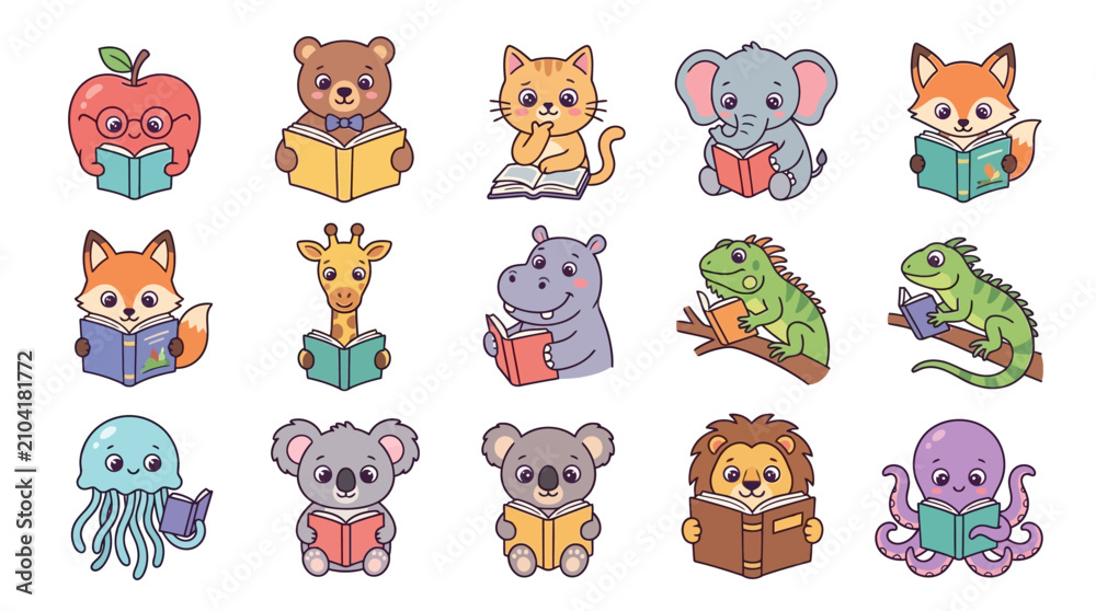 Obraz premium Cute cartoon animals reading books.