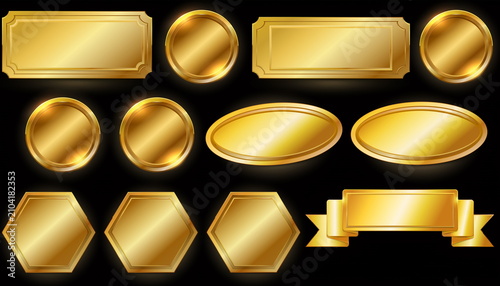 Assorted shiny golden metallic plates and ribbon banners on black background 様々な形状の輝くゴールドメタルプレートとリボンバナーの黒背景イラスト素材