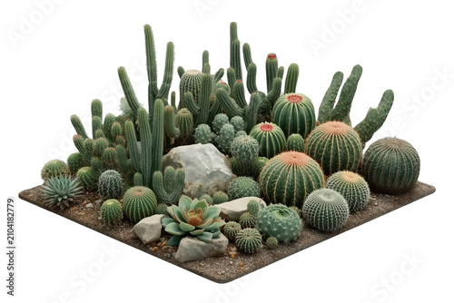 Grouping many different cacti and succulents with rocks on desert soil, showcasing drought tolerant flora, transparent background