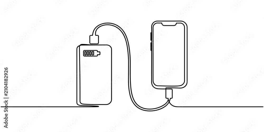 Fototapeta premium Power Bank Charging Phone Continuous One Line Drawing, Cable and Battery Indicator Tech Line Art